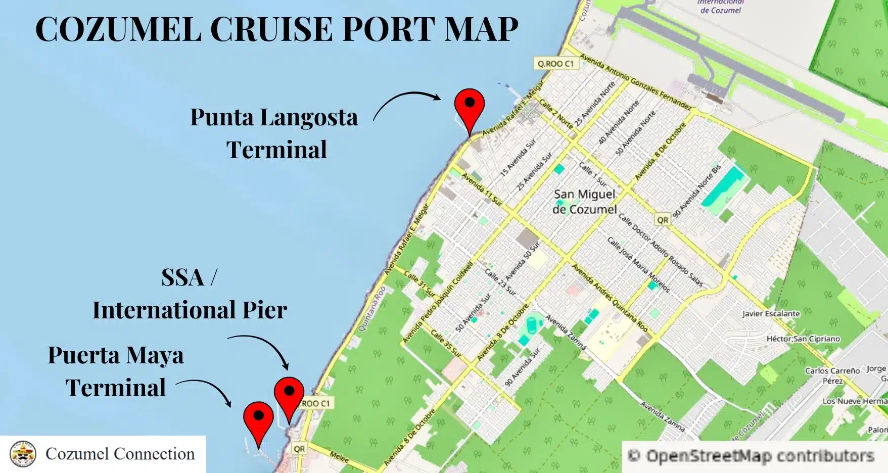 Maps of Cozumel's three main cruise ports: Punta Langosta, Puerta Maya, and SSA International Pier.