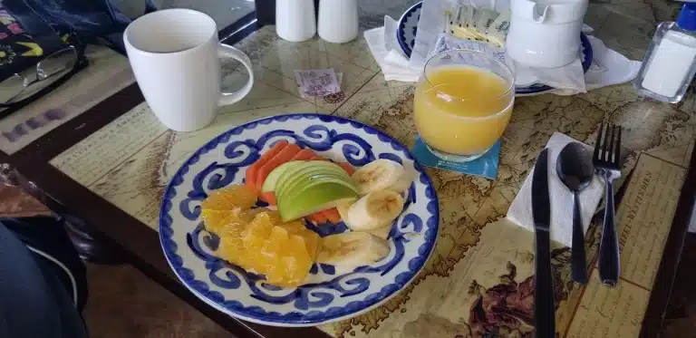 Fresh fruit breakfast plate set on a map, symbolizing travel and healthy eating.