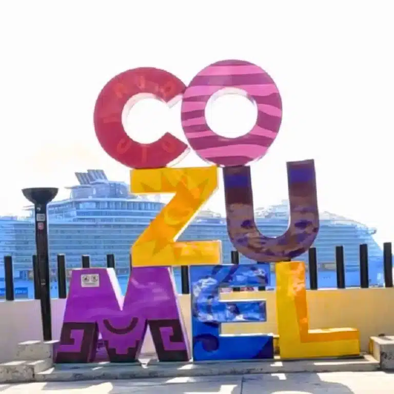 Iconic Cozumel sign located just south of town, near family-friendly resorts.