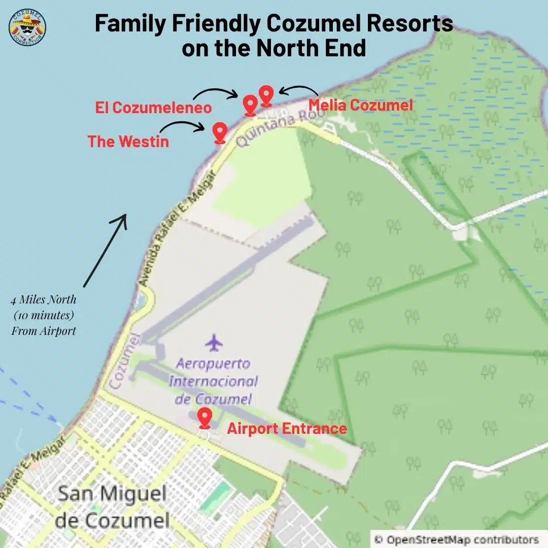 Map showing family-friendly, all-inclusive resorts in Cozumel's tranquil north hotel zone, close to town.