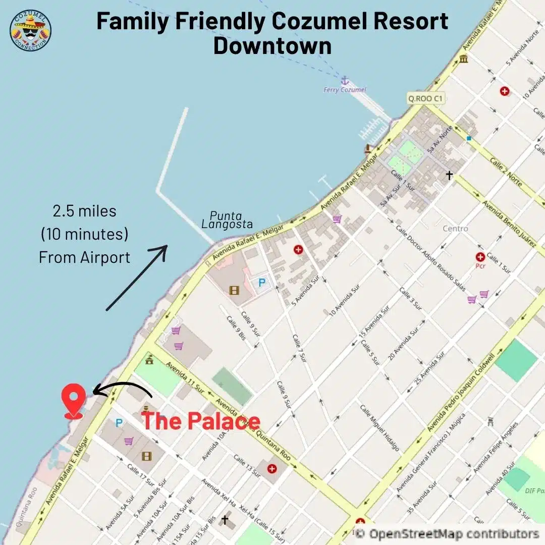 Map showing The Palace, the only kid-friendly resort in downtown Cozumel, highlighting its walkable location and scenic area.