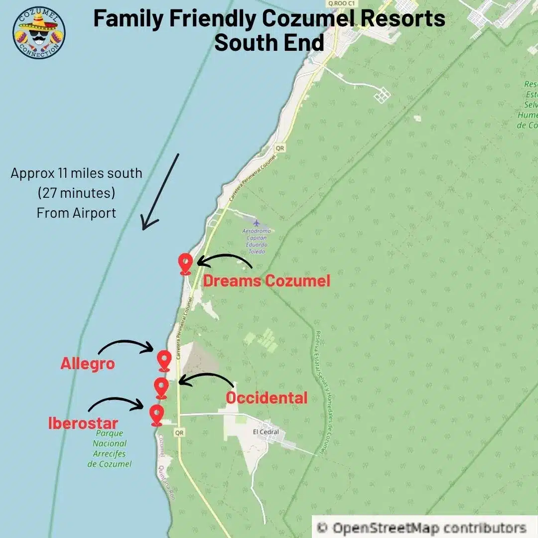 Map highlighting family-friendly Cozumel resorts with kids clubs on the south end of the island.