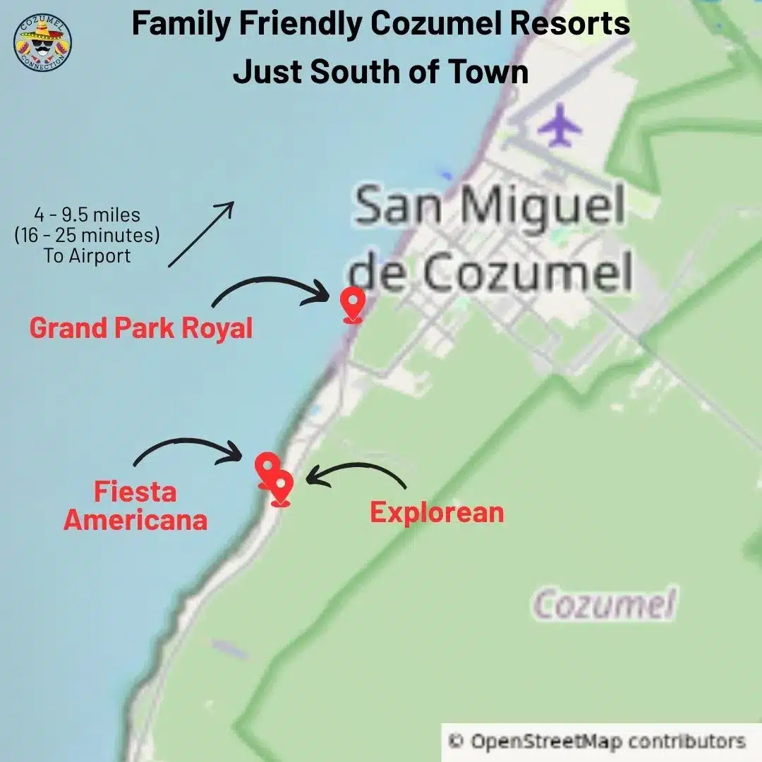 Map showing family-friendly Cozumel resorts located just south of town, with easy taxi access.