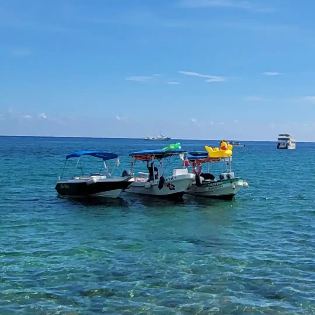 Cozumel Water Access & Anchored Tour Boats Three colorful Cozumel tour boats anchored in clear, calm water, highlighting the island's proximity to the ocean.