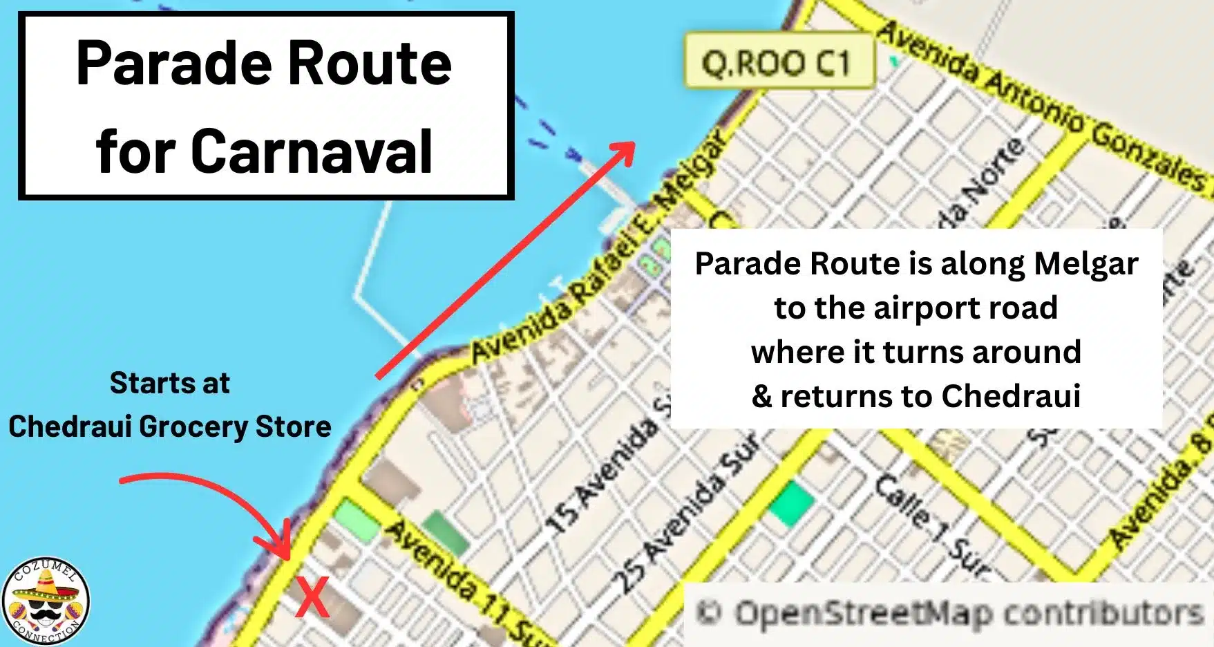 Cozumel 2025 Carnaval parade route map with start and return points