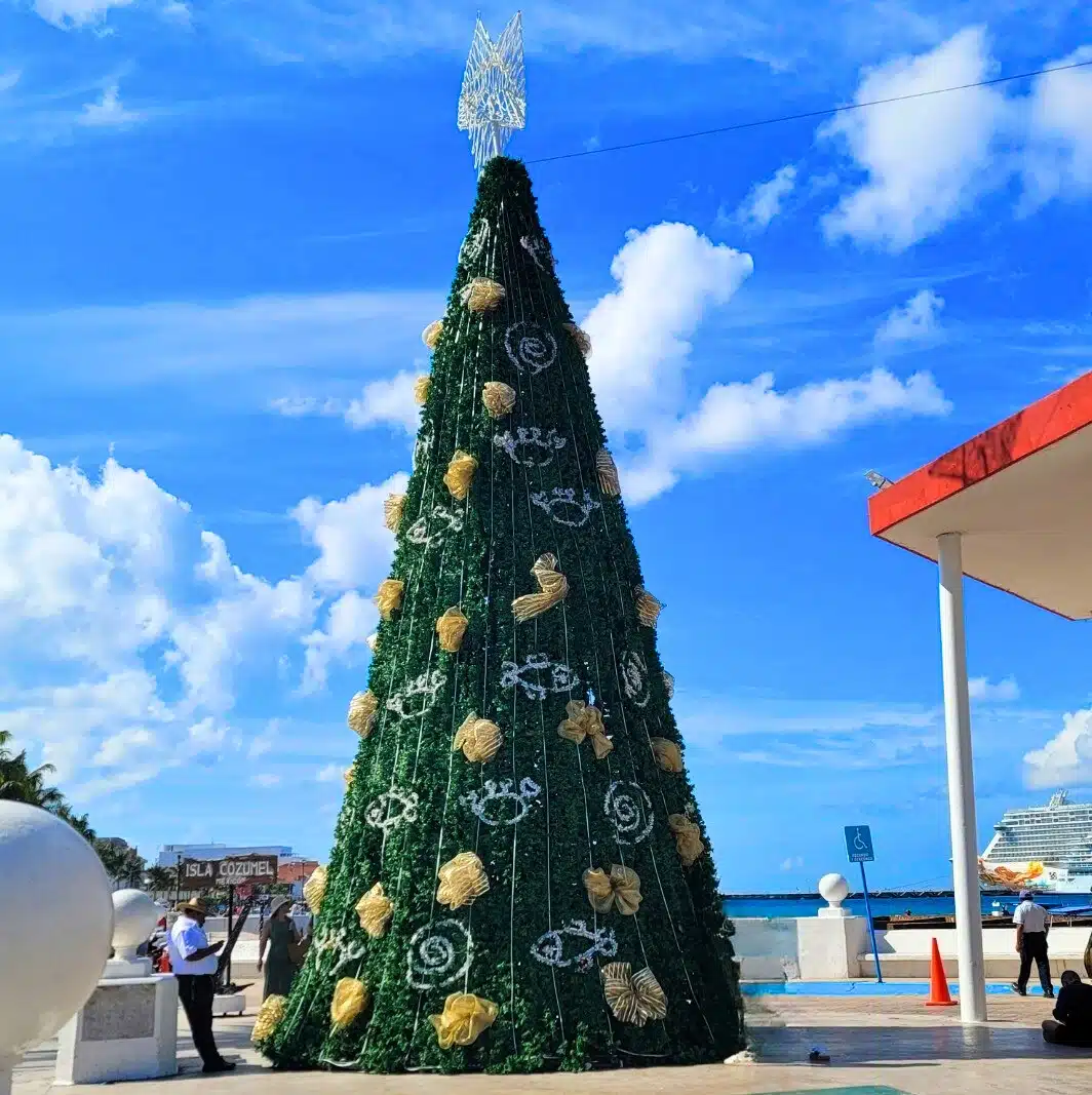 Christmas tree adorned with golden ornaments in Cozumel