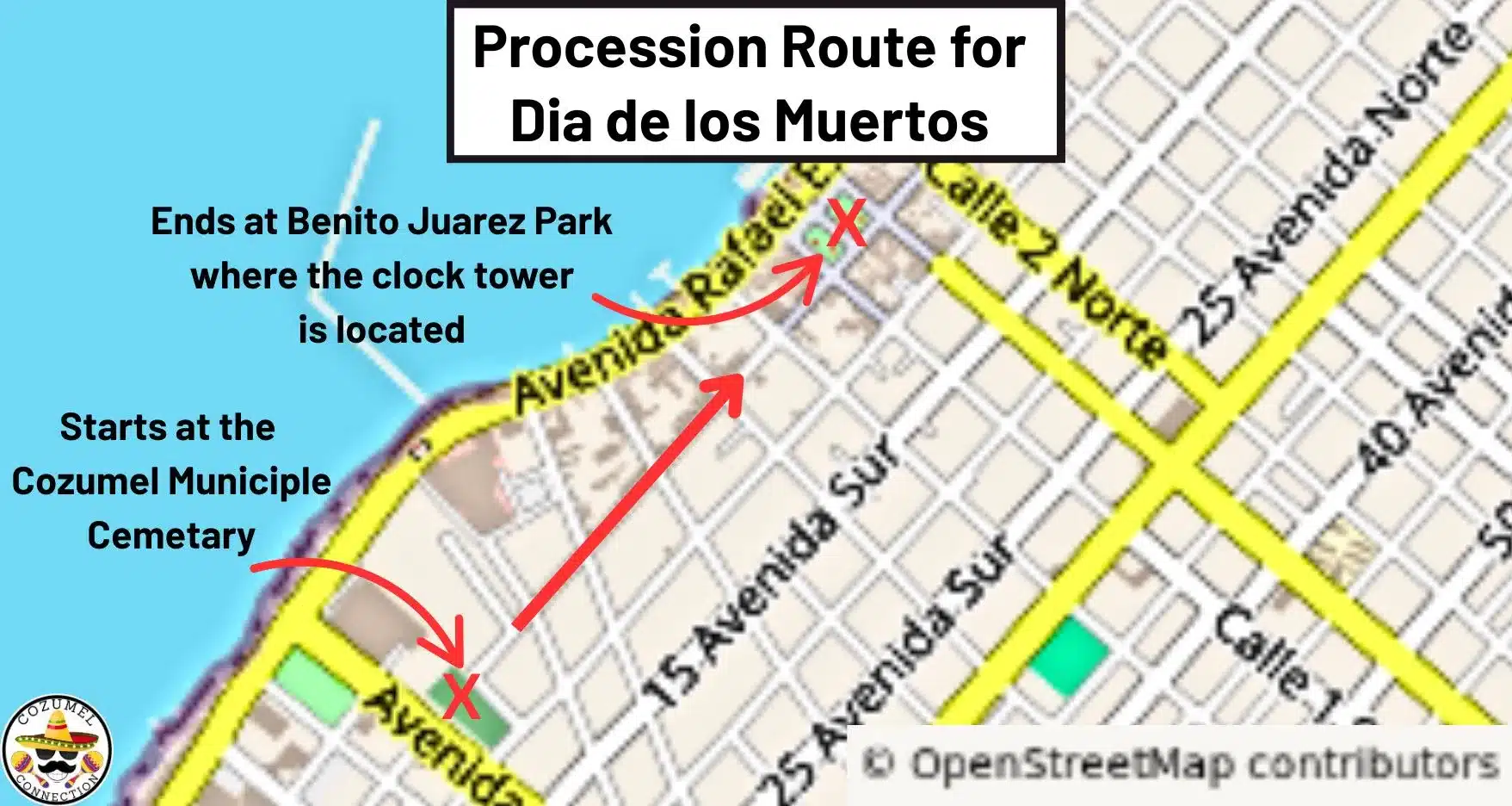 Map of Cozumel Day of the Dead procession from cemetery to town center