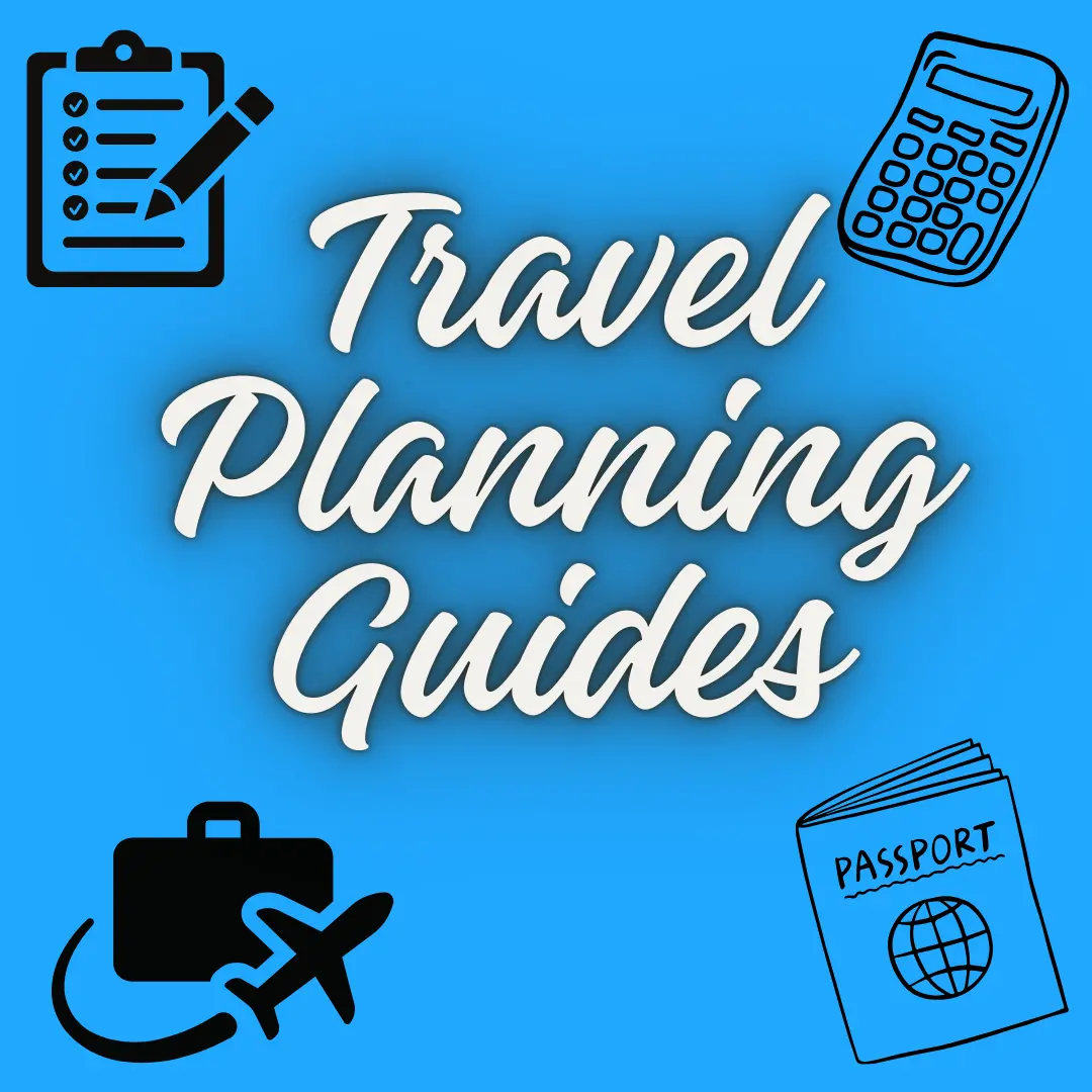 Sign with icons for travel planning guides, including a passport and calendar.