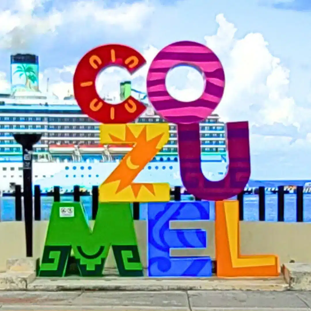 Colorful Cozumel sign along Melgar in San Miguel plaza