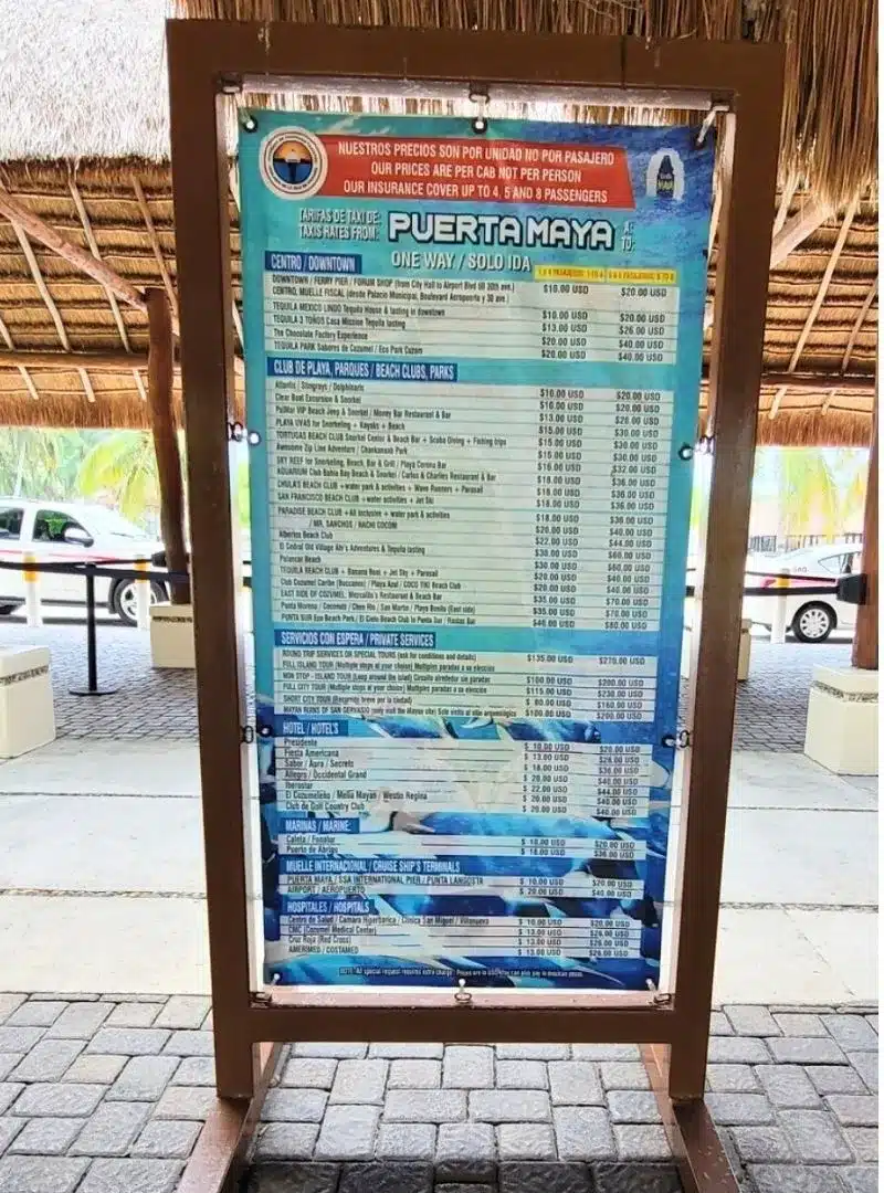 Official Cozumel taxi chart 2025 at Puerta Maya