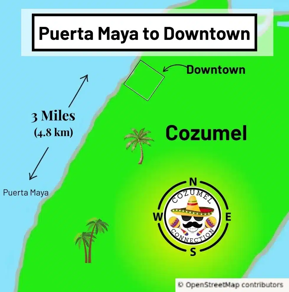 Map showing Puerta Maya pier to downtown walking distance
