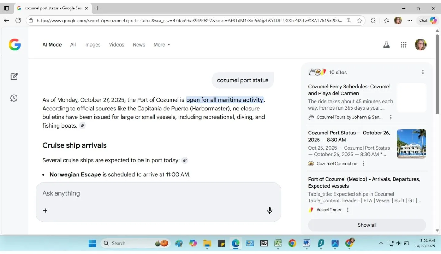 Cozumel Connection cited in Google AI Overview for Cozumel port status Screenshot of Google AI Overview displaying Cozumel Connection as a cited source for Cozumel port status information.