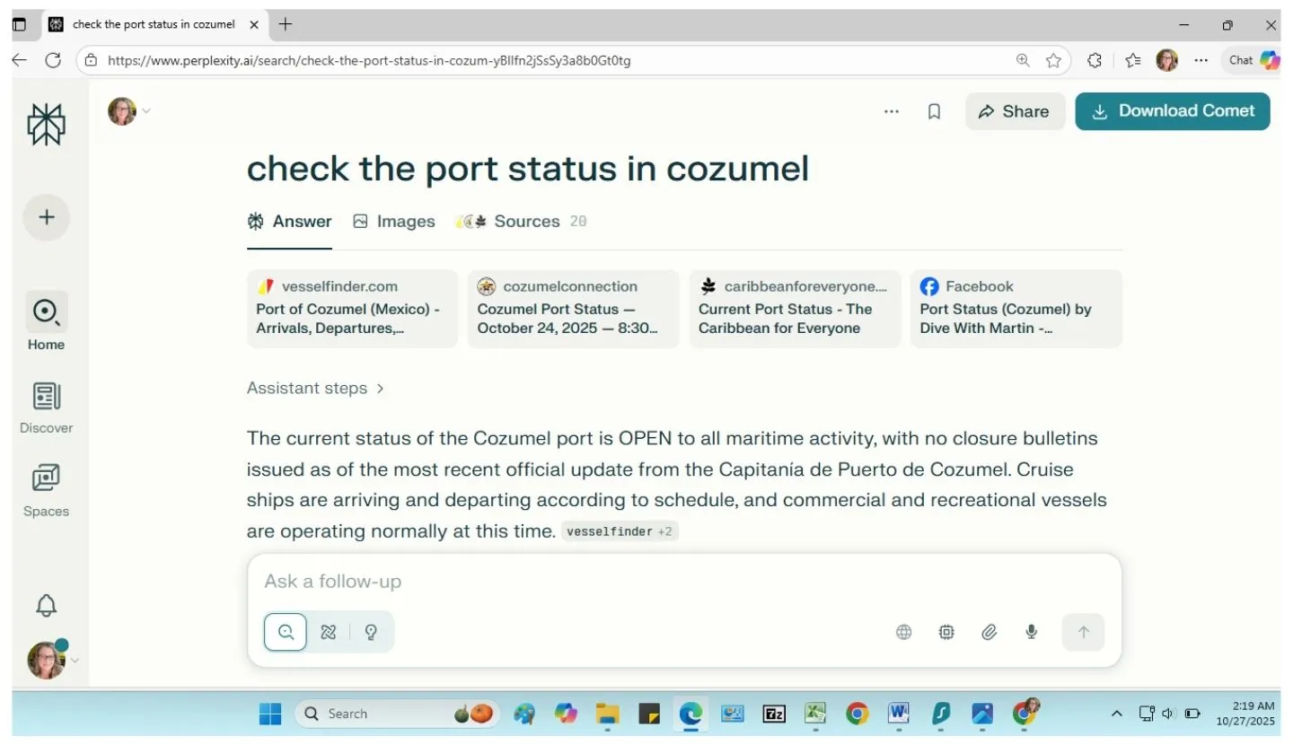 Perplexity AI Citation - Cozumel Connection Port Status Screenshot of Perplexity AI showing Cozumel Connection cited for live Cozumel port status information.